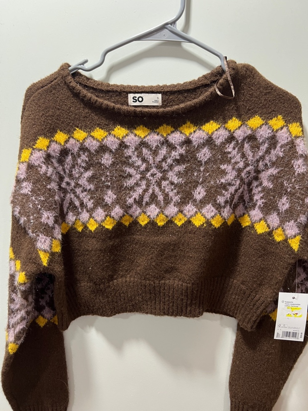 SO Brown Fair Isle Crewneck Sweater with Pink and Yellow Accents